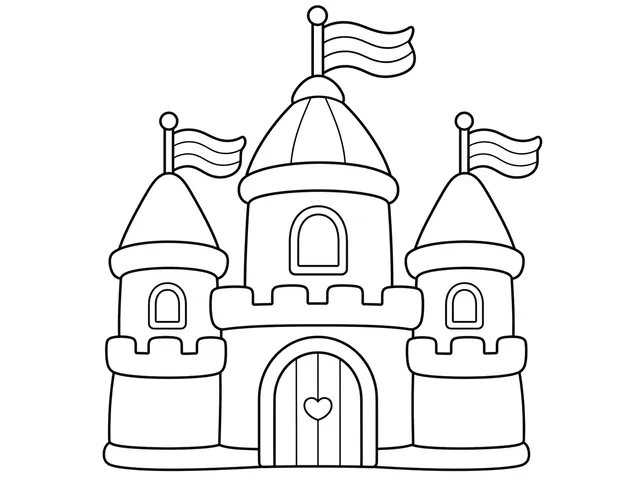 Rainbow Castle black-and-white printable coloring page for Toddler, original castle with broad towers and rounded windows