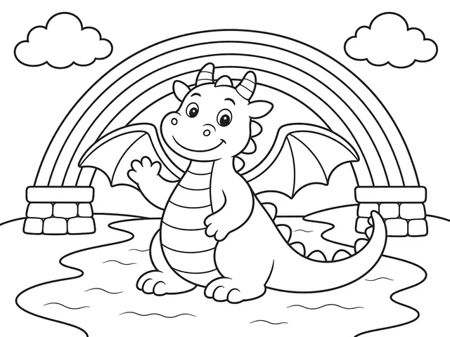 Dragon at the Rainbow Bridge black-and-white printable coloring page for Preschool, bold outlines and large easy-to-color shapes for a Dragon at the Rainbow Bridge coloring page