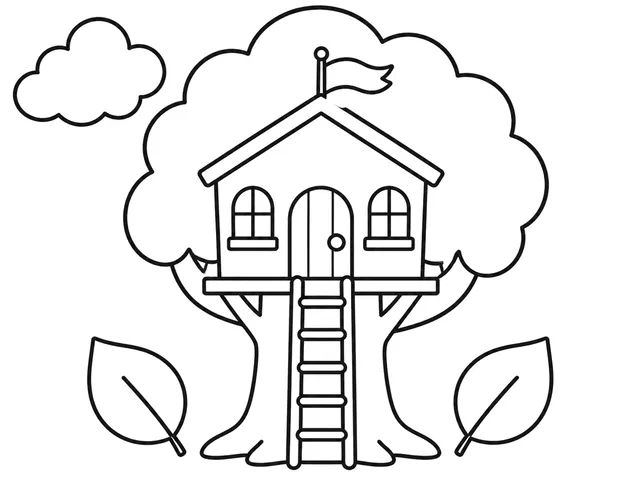 Enchanted Treehouse black-and-white printable coloring page for Toddler, bold outlines and large easy-to-color shapes for a Enchanted Treehouse coloring page