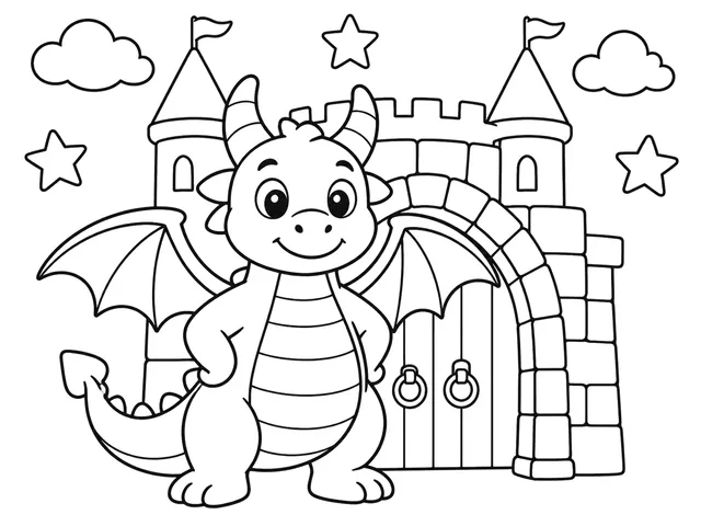 Friendly Dragon black-and-white printable coloring page for Toddler, bold outlines and large easy-to-color shapes for a Friendly Dragon coloring page