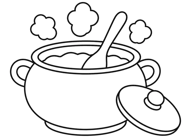 Magic Porridge Pot black-and-white printable coloring page for Toddler, Large cooking pot with two clear handles and steam.
