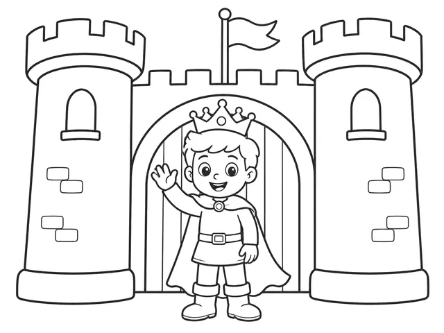Castle Gate Prince black-and-white printable coloring page for Toddler, bold outlines and large easy-to-color shapes for a Castle Gate Prince coloring page