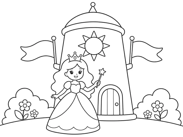Sun Tower Princess black-and-white printable coloring page for Preschool, bold outlines and large easy-to-color shapes for a Sun Tower Princess coloring page