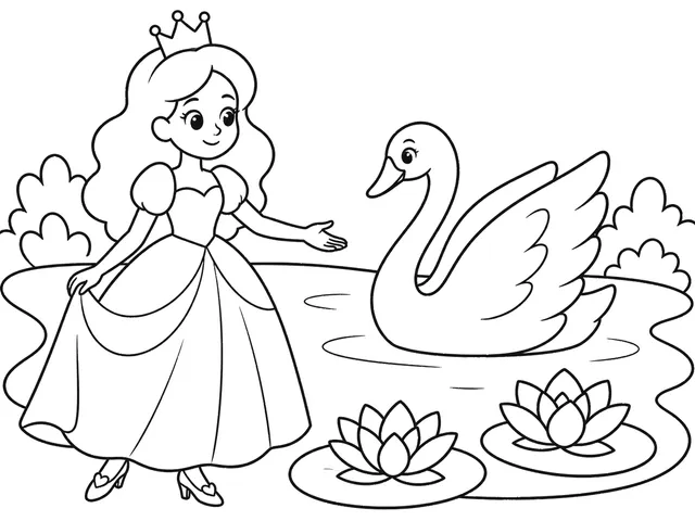 Swan Lake Princess black-and-white printable coloring page for Preschool, bold outlines and large easy-to-color shapes for a Swan Lake Princess coloring page