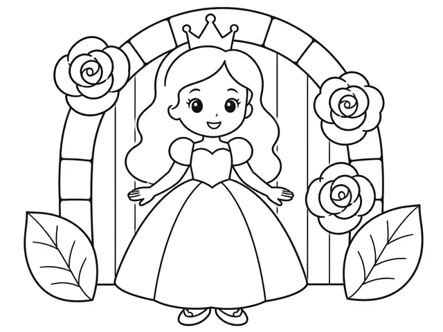 Rose Gate Princess black-and-white printable coloring page for Toddler, bold outlines and large easy-to-color shapes for a Rose Gate Princess coloring page