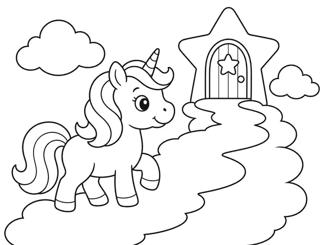 Cloud Path Unicorn black-and-white printable coloring page for Preschool, bold outlines and large easy-to-color shapes for a Cloud Path Unicorn coloring page