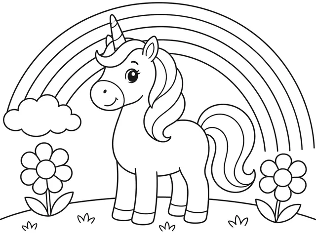 Rainbow Meadow Unicorn black-and-white printable coloring page for Toddler, bold outlines and large easy-to-color shapes for a Rainbow Meadow Unicorn coloring page