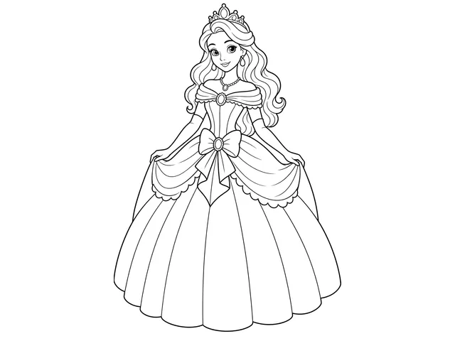 Royal Ball Princess black-and-white printable coloring page for Toddler, Princess in a broad formal gown with a clear crown.