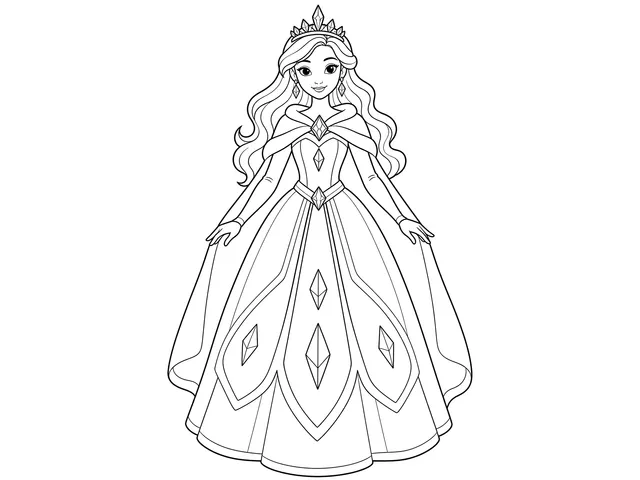 Snow Crystal Princess black-and-white printable coloring page for Toddler, Princess with a wide gown and bold snowflake shapes.