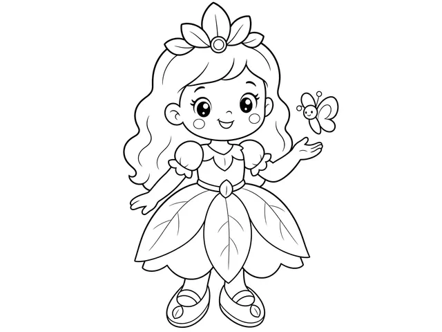 Forest Princess black-and-white printable coloring page for Preschool, original forest character with broad dress and nature shapes