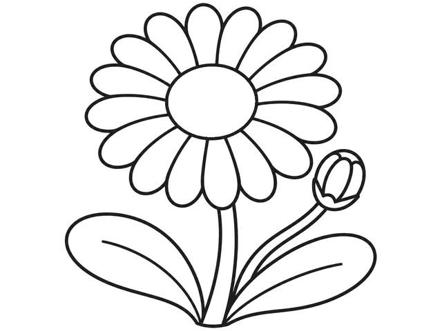 Daisy black-and-white printable coloring page for Toddler, friendly daisy with broad petals and a clear round center