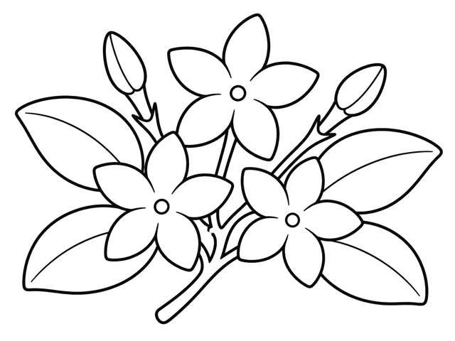 Arabian Jasmine black-and-white printable coloring page for Preschool, Jasmine flowers grouped along clear stems and leaves.