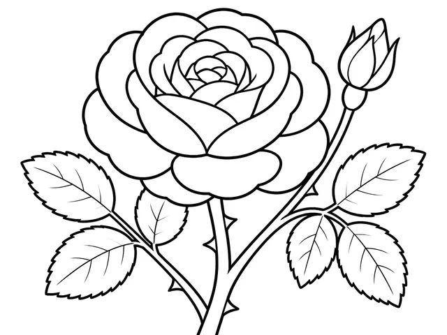 Rose black-and-white printable coloring page for Preschool, recognizable rose with a broad spiral center and leafy stem
