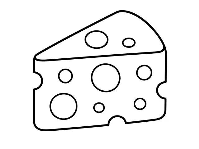 Cheese Wedge black-and-white printable coloring page for Toddler, Simple wedge of cheese with large visible holes.