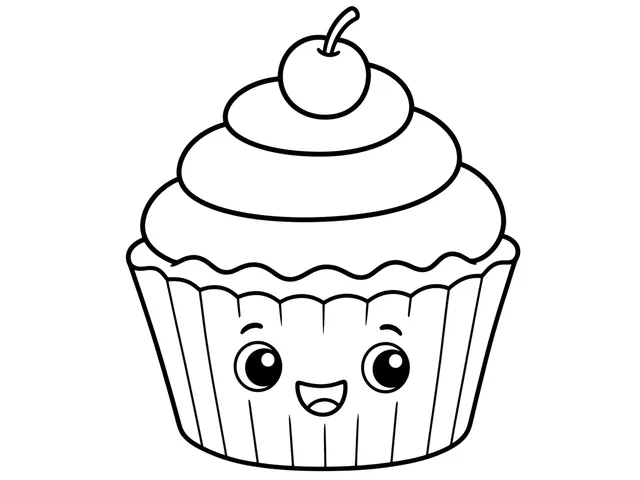 Cupcake black-and-white printable coloring page for Preschool, Cupcake with broad wrapper and frosting shapes.