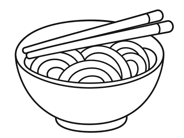 Noodle Bowl black-and-white printable coloring page for Preschool, broad noodle bowl with simple loops and large topping shapes