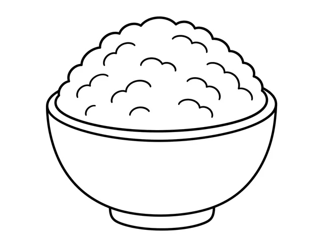 Rice Bowl black-and-white printable coloring page for Preschool, round rice bowl with a generous mound and simple spoon