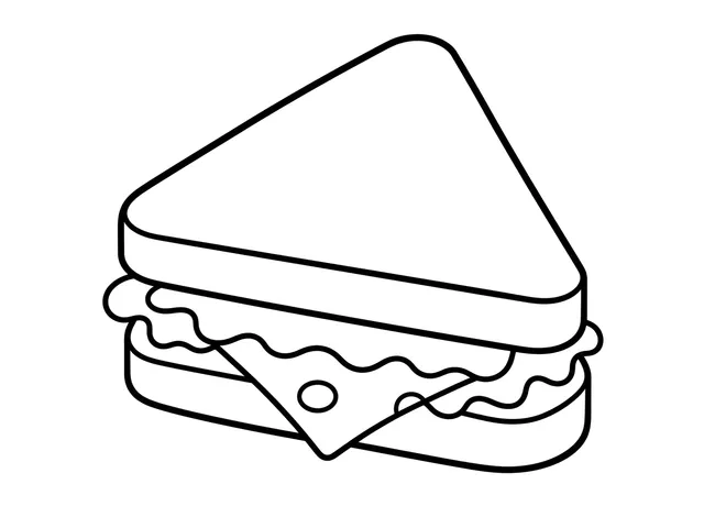 Sandwich black-and-white printable coloring page for Kids, tall sandwich with broad bread, cheese, lettuce, and filling layers