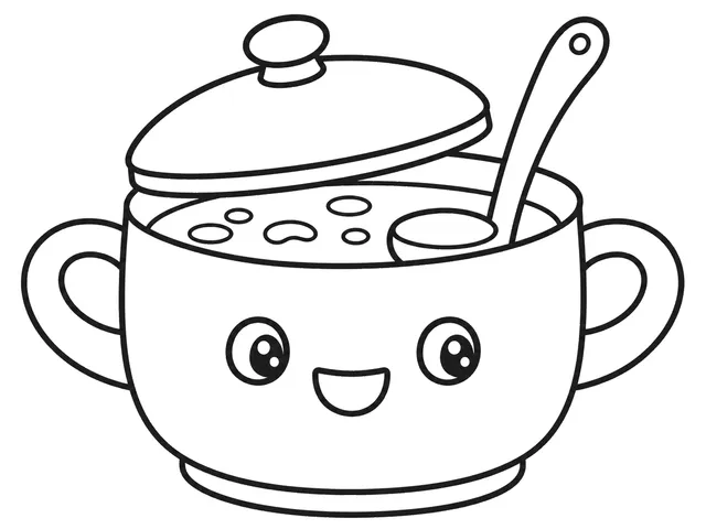 Soup Pot black-and-white printable coloring page for Preschool, cozy soup pot with broad body, lid, handles, and steam