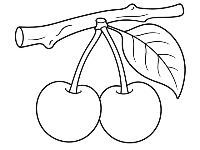 Cherry black-and-white printable coloring page for Toddler, Pair of cherries with clear stems and leaves.