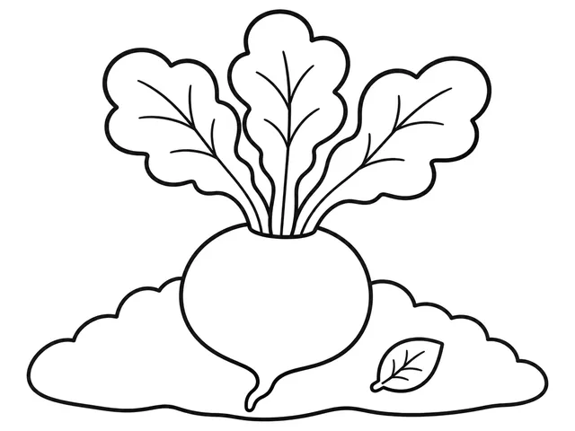 Radish black-and-white printable coloring page for Toddler, Radish with broad bulb, leaves, and root.
