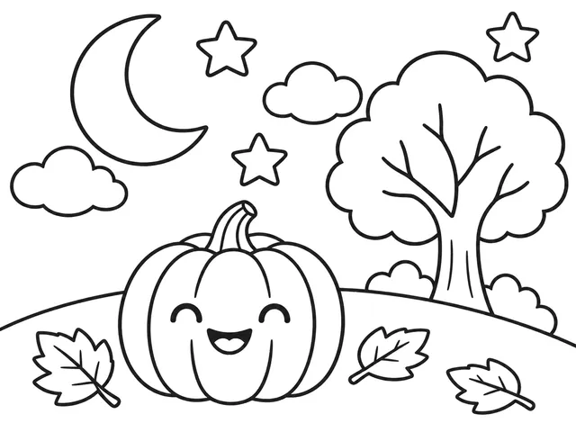 Halloween Night black-and-white printable coloring page for Kids, cozy autumn night with moon, tree, stars, hill, and pumpkin