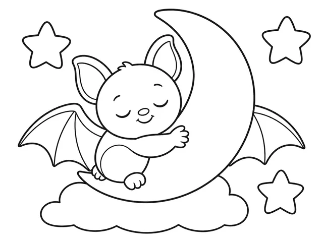 Baby Bat and Moon black-and-white printable coloring page for Toddler, baby bat hugging a broad crescent moon with stars