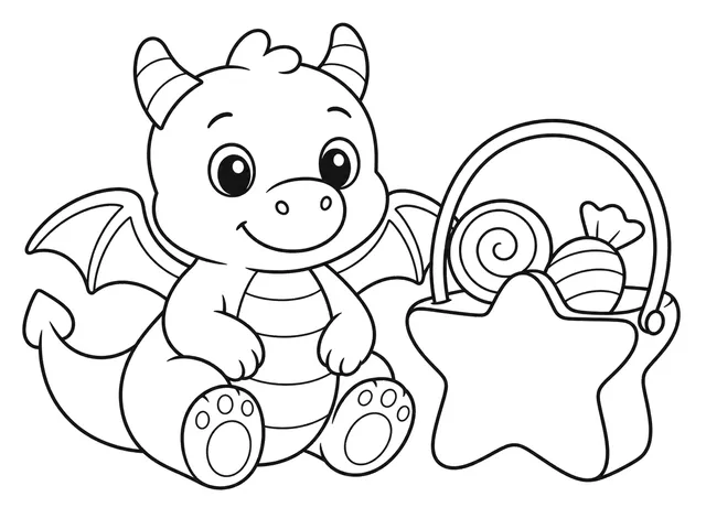 Baby Dragon's Treat Bucket black-and-white printable coloring page for Preschool, cheerful baby dragon with a broad pumpkin treat bucket