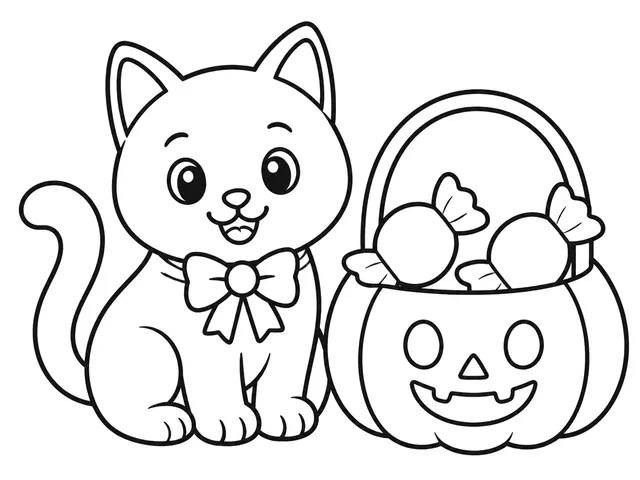 Black Cat's Treat Basket black-and-white printable coloring page for Preschool, friendly cat beside a broad pumpkin treat basket