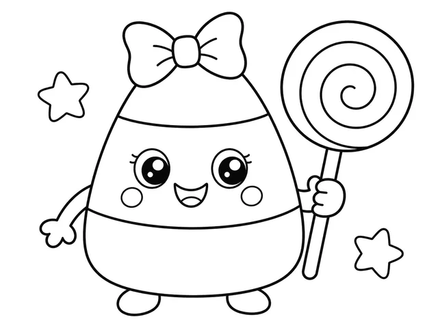 Candy Corn Friend black-and-white printable coloring page for Toddler, cheerful candy corn character with a large round lollipop