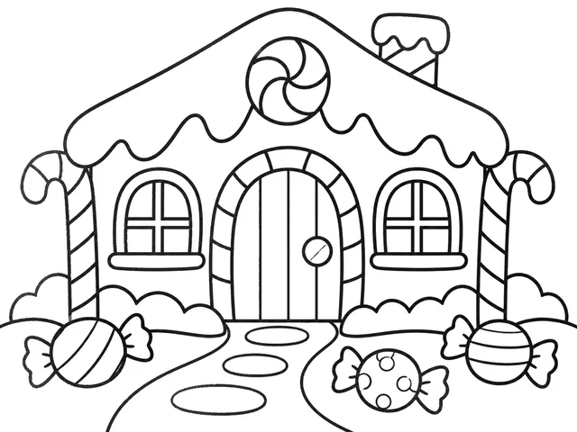 Candy House black-and-white printable coloring page for Preschool, storybook candy cottage with rounded roof and oversized door