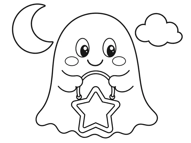 Friendly Ghost black-and-white printable coloring page for Toddler, friendly ghost with a star lantern and crescent moon