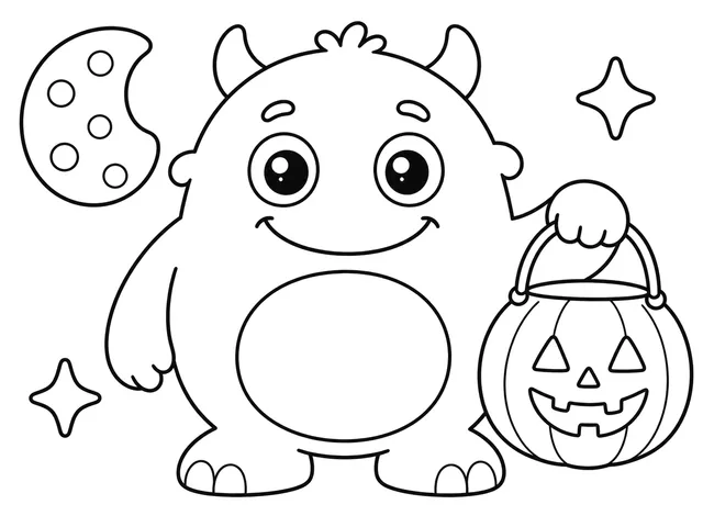 Friendly Monster Lantern black-and-white printable coloring page for Preschool, round friendly monster holding a pumpkin lantern