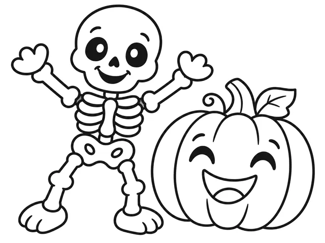 Friendly Skeleton black-and-white printable coloring page for Preschool, cheerful skeleton waving beside a smiling pumpkin