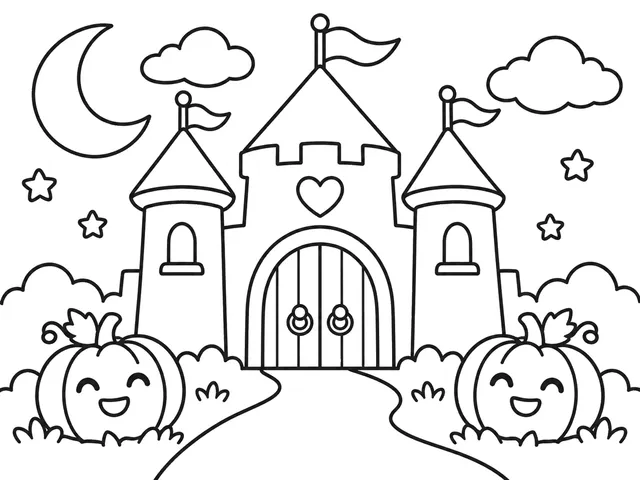 Halloween Castle black-and-white printable coloring page for Kids, cozy Halloween castle with two round towers and pumpkins