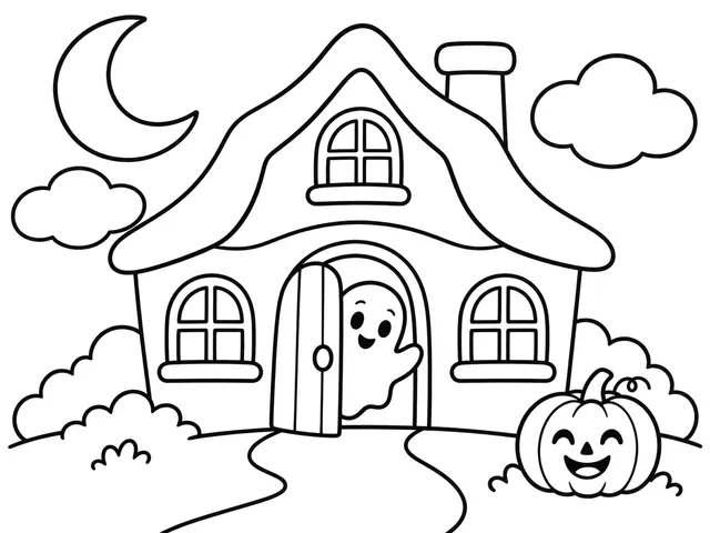 Friendly Haunted House black-and-white printable coloring page for Kids, cozy haunted house with friendly ghost and pumpkins
