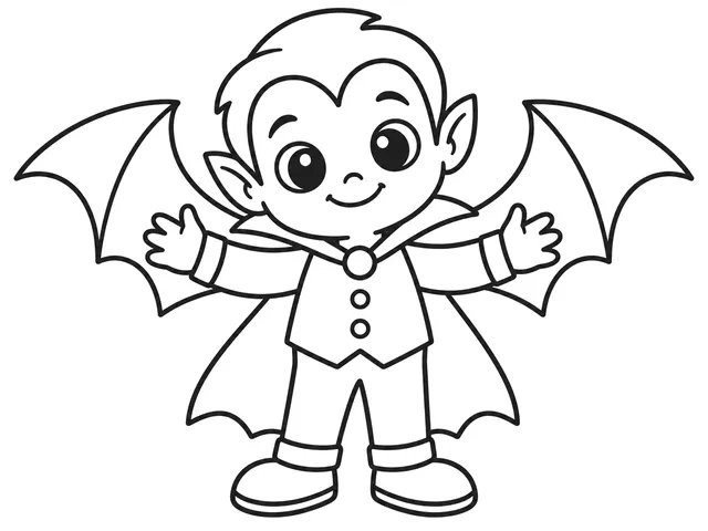Little Vampire black-and-white printable coloring page for Preschool, friendly little vampire with cape and rounded bat wings