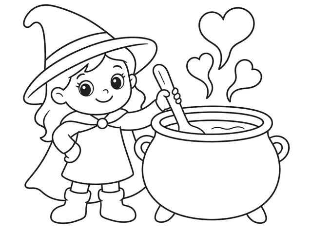 Little Witch and Cauldron black-and-white printable coloring page for Preschool, friendly little witch beside a broad cauldron and spoon
