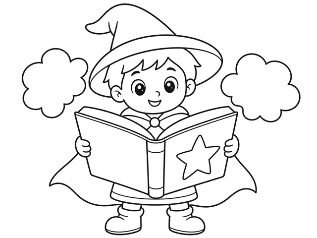 Little Wizard's Magic Book black-and-white printable coloring page for Preschool, friendly child wizard reading a broad magic book