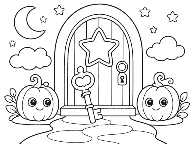 Magic Star Door black-and-white printable coloring page for Kids, magical star door between two friendly pumpkins
