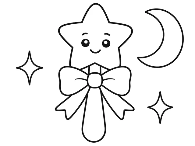 Magic Wand Friend black-and-white printable coloring page for Toddler, star-topped magic wand with a large bow and stars