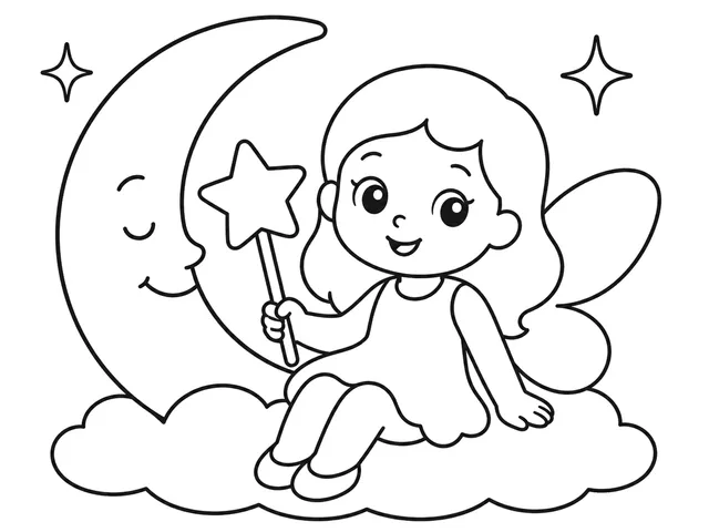 Moon Fairy and Star black-and-white printable coloring page for Preschool, friendly moon fairy with crescent moon and star wand