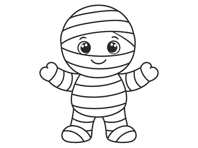 Friendly Mummy black-and-white printable coloring page for Toddler, friendly mummy with broad horizontal wrap bands