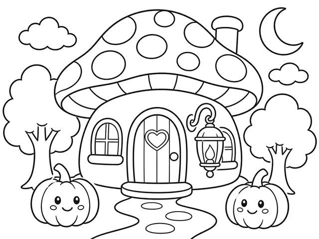 Mushroom Lantern House black-and-white printable coloring page for Kids, mushroom house with rounded door, lantern, and pumpkins