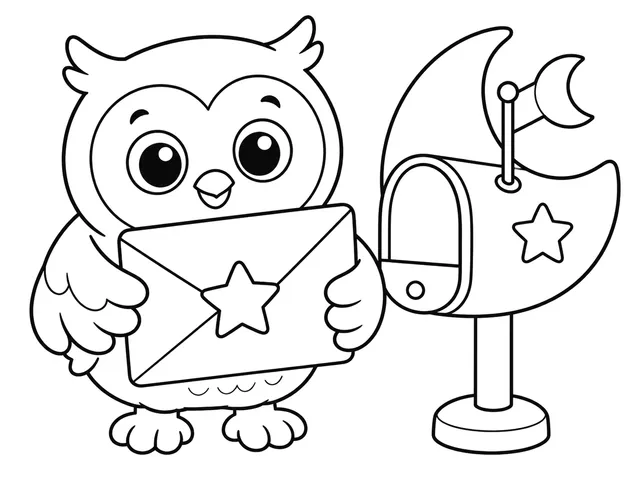 Owl's Moon Mail black-and-white printable coloring page for Preschool, friendly owl carrying a large envelope beside a moon mailbox