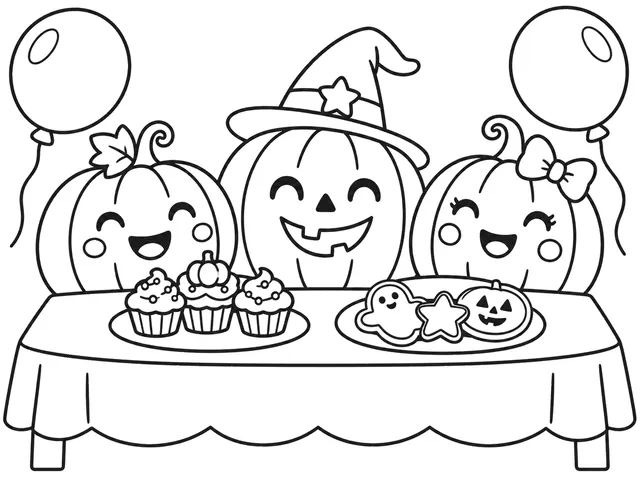 Halloween Party black-and-white printable coloring page for Kids, friendly Halloween party table with pumpkins, balloons, and treats