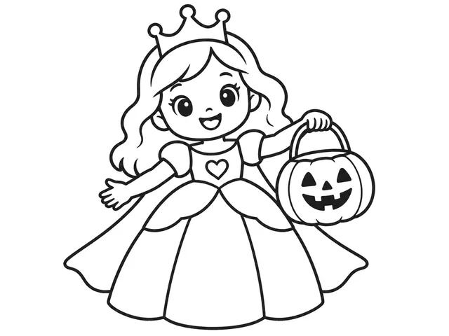 Halloween Princess black-and-white printable coloring page for Preschool, original Halloween princess with crown, cape, dress, and basket