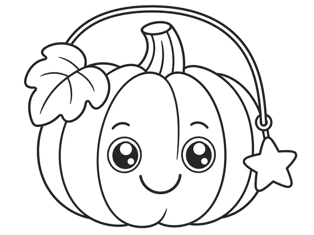 Pumpkin Friend black-and-white printable coloring page for Toddler, friendly round pumpkin with broad sections, leaf, stem, and star lantern
