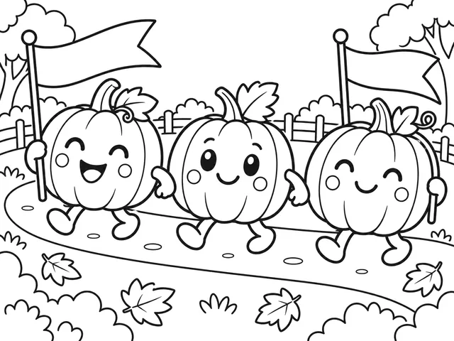 Pumpkin Parade black-and-white printable coloring page for Preschool, three friendly pumpkins in a simple parade with flags