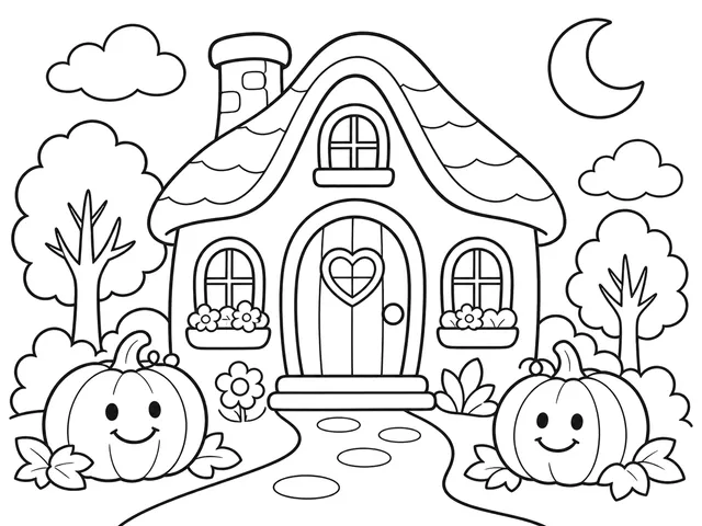 Pumpkin Patch Cottage black-and-white printable coloring page for Kids, cozy cottage with pumpkins, path, trees, and crescent moon